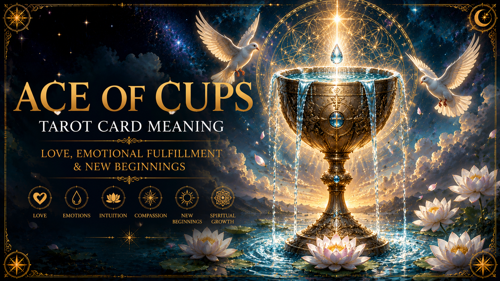 The Ace of Cups tarot card depicting a divine hand holding an overflowing cup of water.