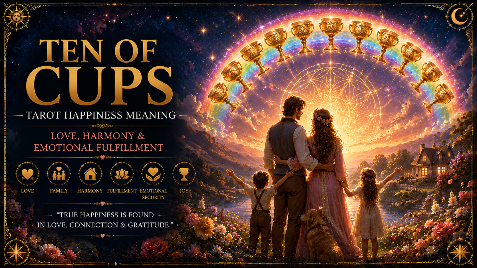 The Ten of Cups tarot card depicting a happy family beneath a rainbow of ten golden cups