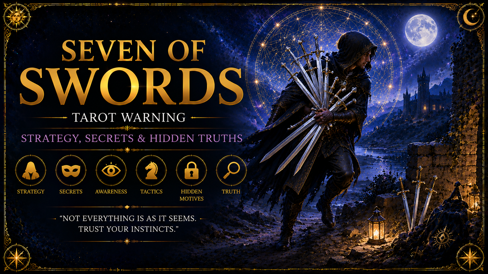 The Seven of Swords tarot card depicting a figure sneakily carrying five swords