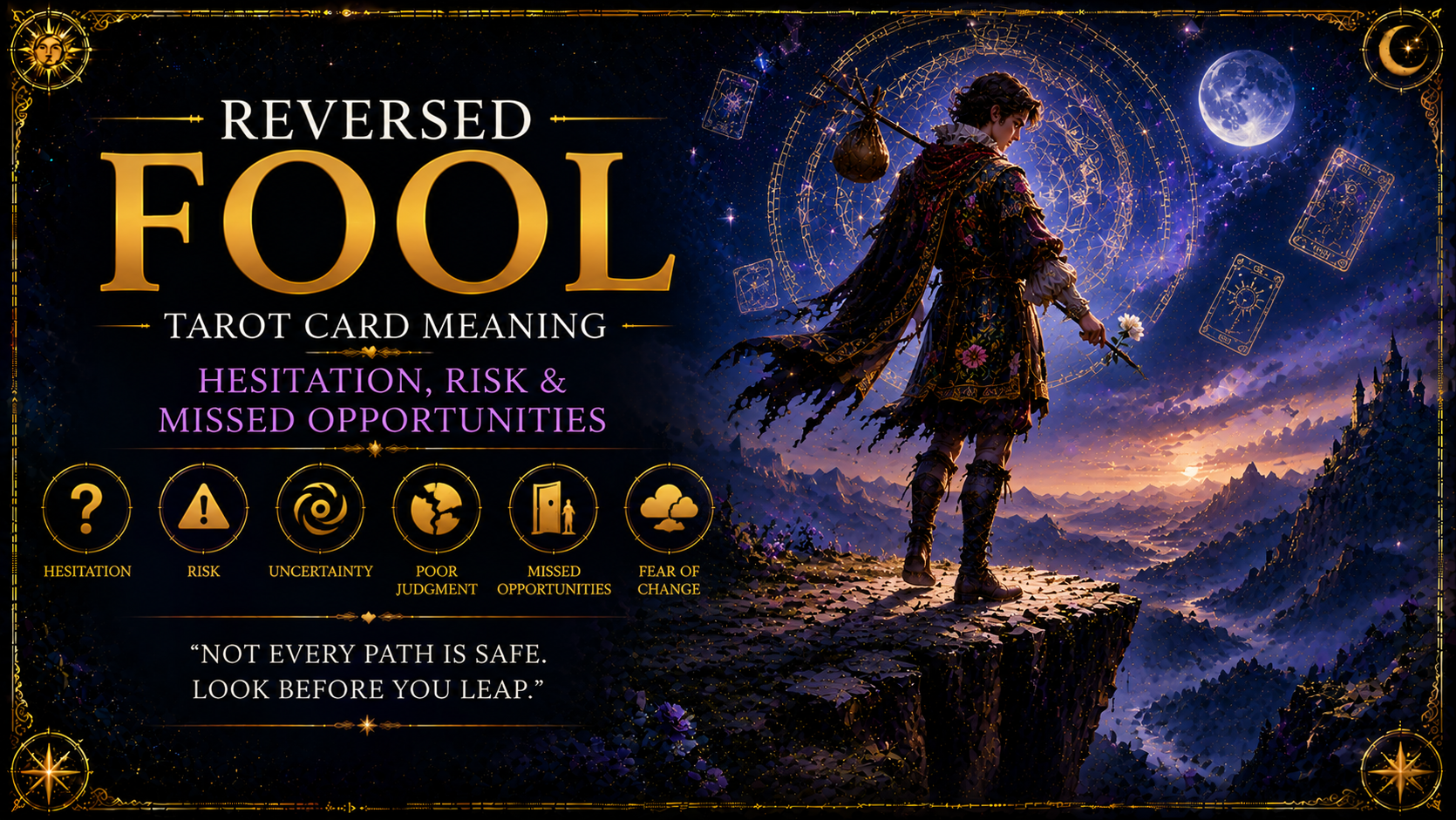 The Reversed Fool tarot card showing a traveler representing hesitation and poor judgment