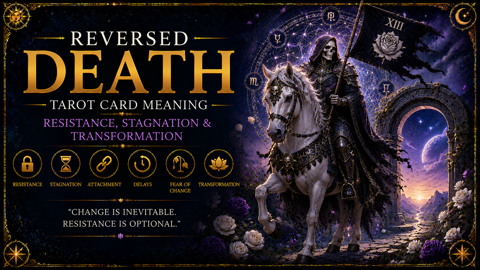 The Reversed Death tarot card depicting a skeletal rider symbolizing delayed transformation and resistance to change.