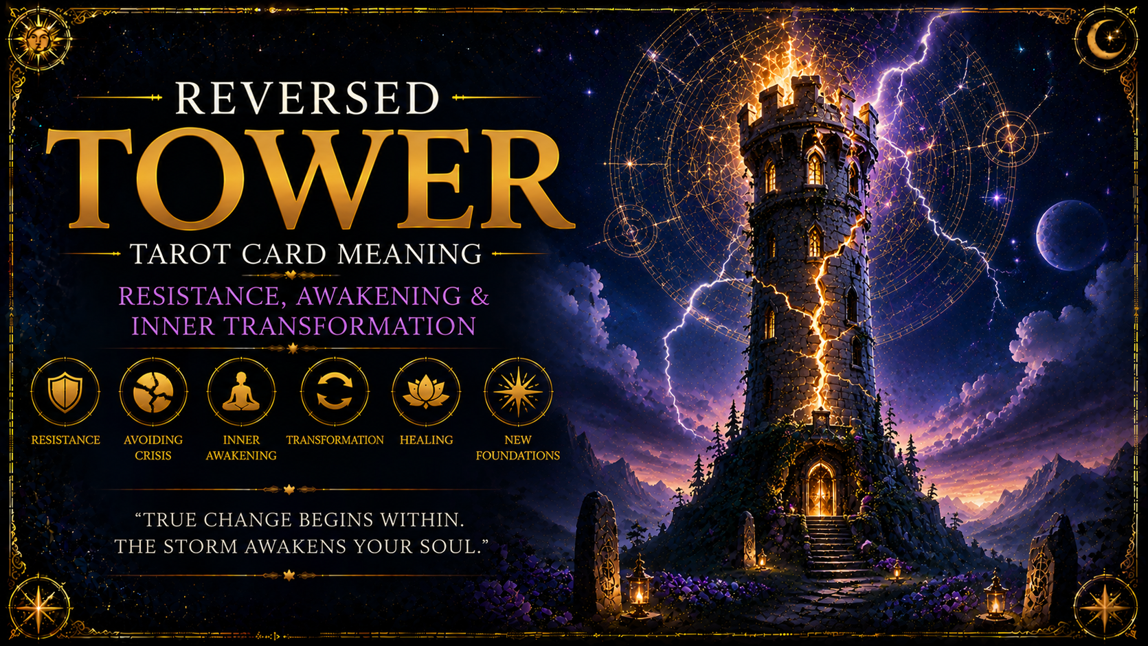 The Reversed Tower tarot card depicting lightning striking a stone tower but positioned upside down