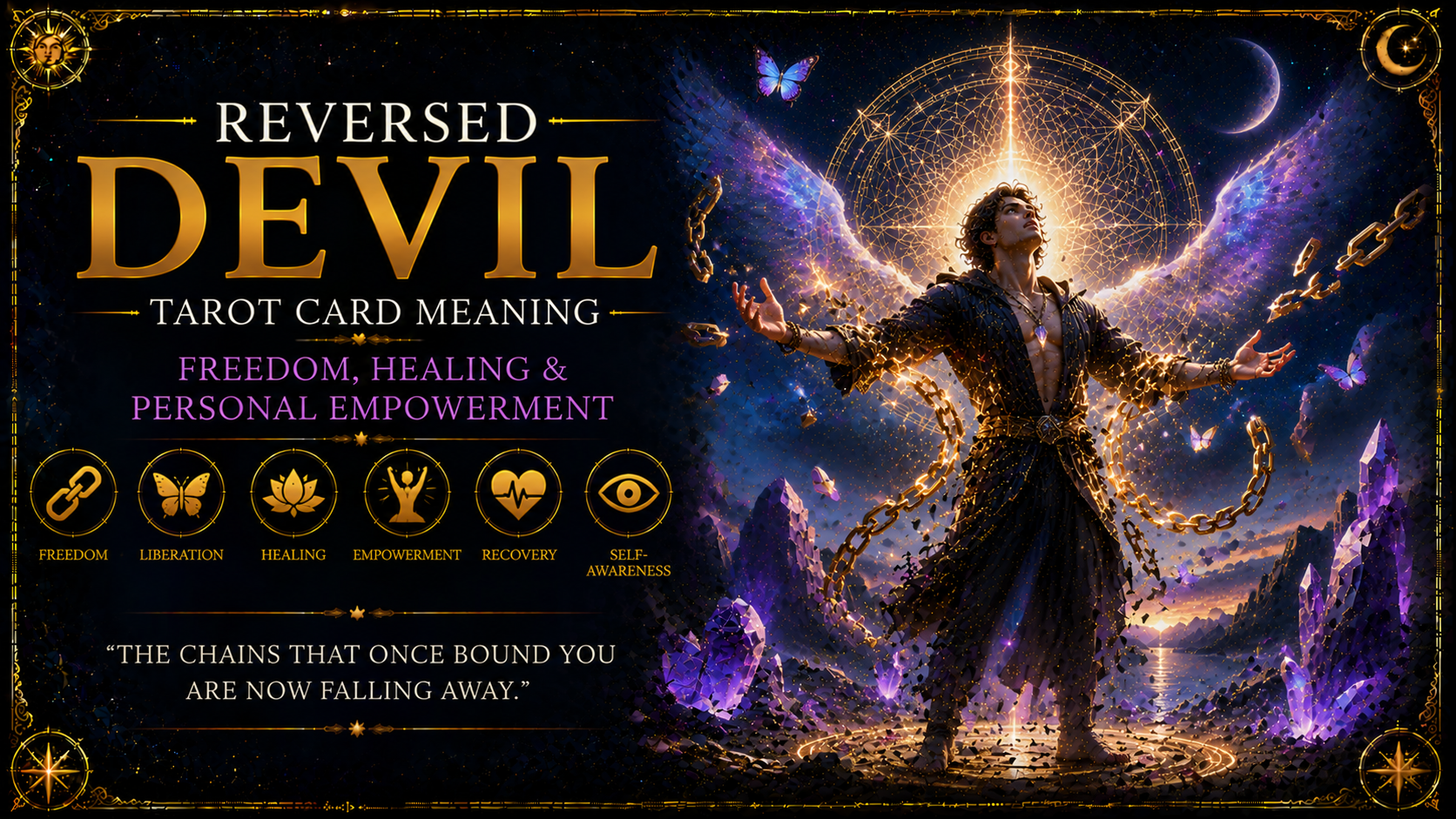 The Reversed Devil tarot card illustrating loosened chains and the theme of liberation and empowerment.