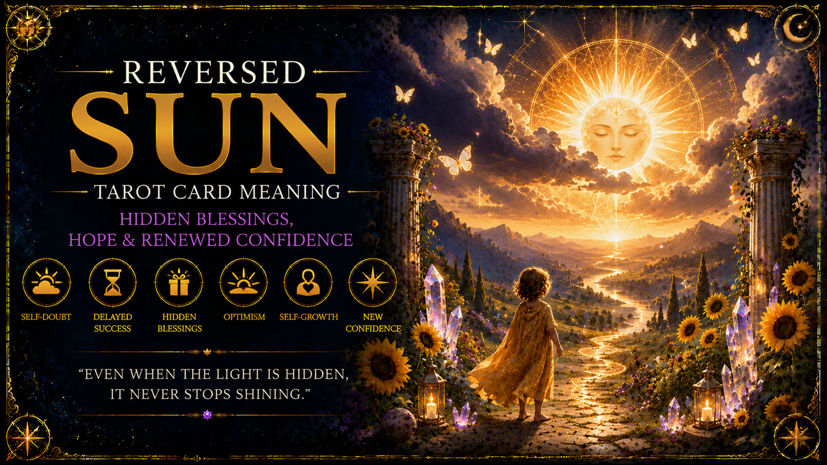 An illustration of the Reversed Sun tarot card showing a radiant sun and a child on a horse, symbolizing obscured joy and delayed success.