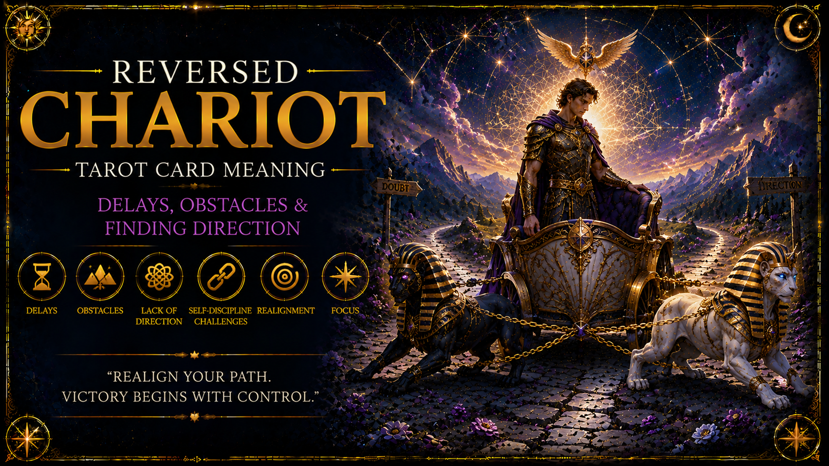 The Reversed Chariot tarot card showing a warrior struggling to control two opposing sphinxes.