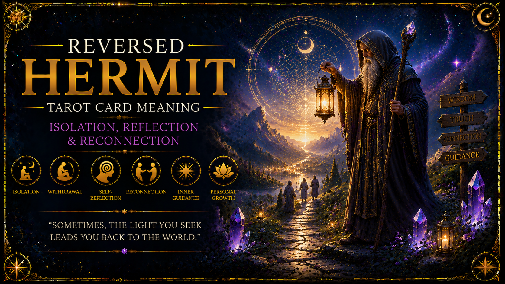 The Hermit tarot card depicted in a reversed position representing isolation and the search for reconnection.