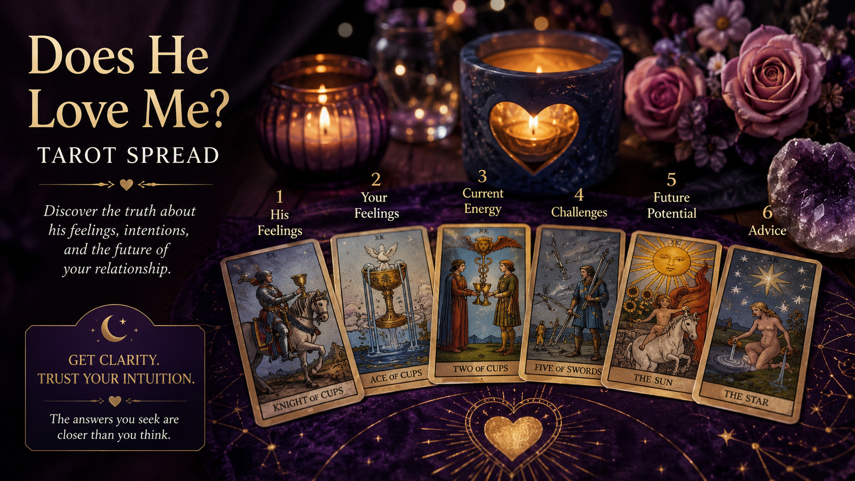 A tarot spread layout on a wooden table focused on relationship and love insights.