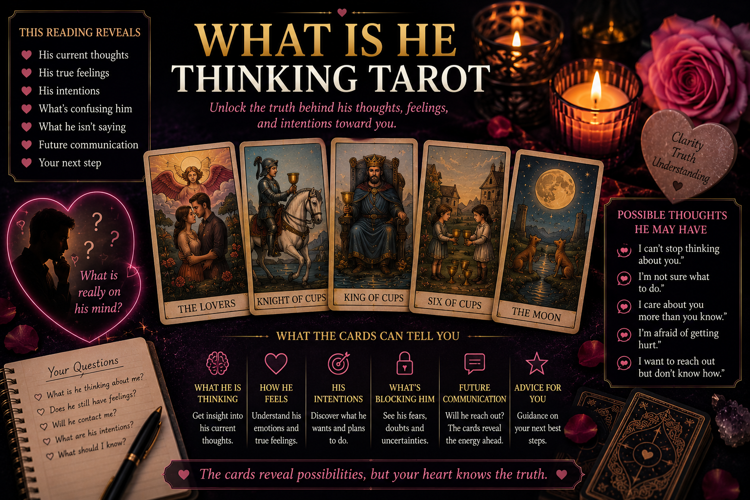 Close up of tarot cards during a love reading about a partner's thoughts and feelings.