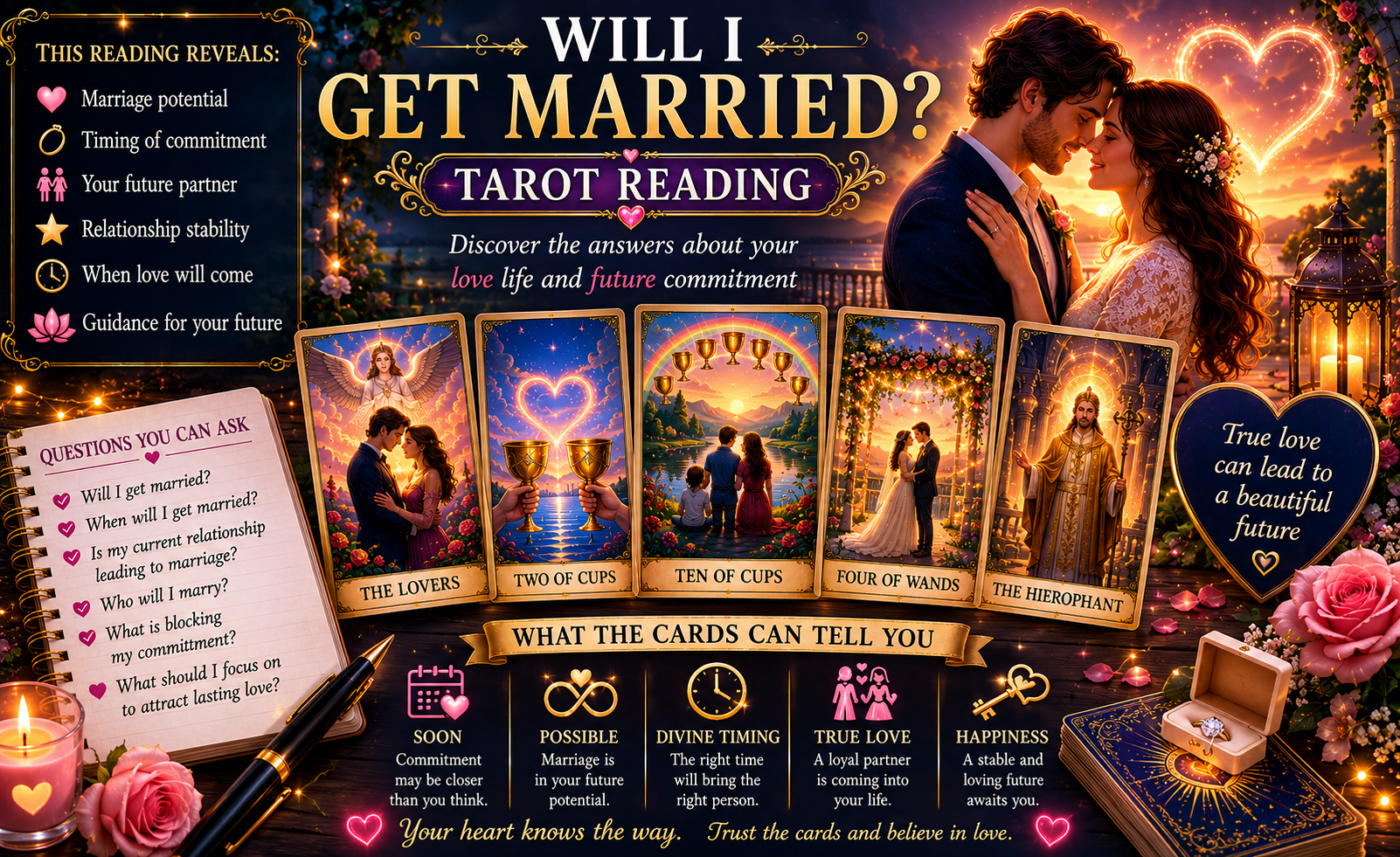 A tarot spread focusing on romantic commitment and marriage cards like The Lovers and Ten of Cups