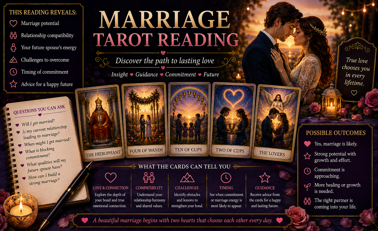 A tarot spread focused on love, showing The Lovers and Four of Wands cards.