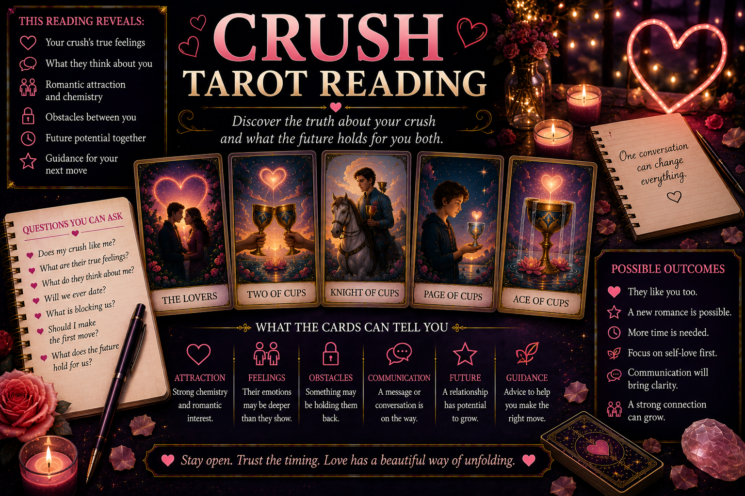 A tarot spread for love and romance featuring the Two of Cups and The Lovers cards.