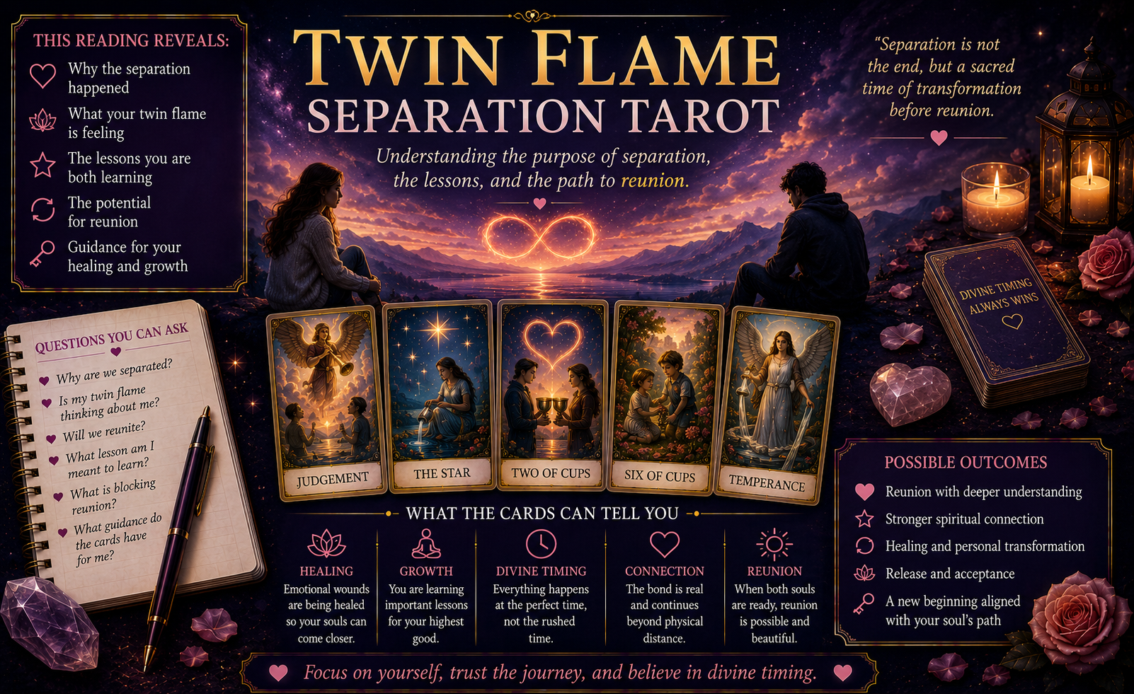 A mystical tarot spread representing twin flame separation and spiritual connection