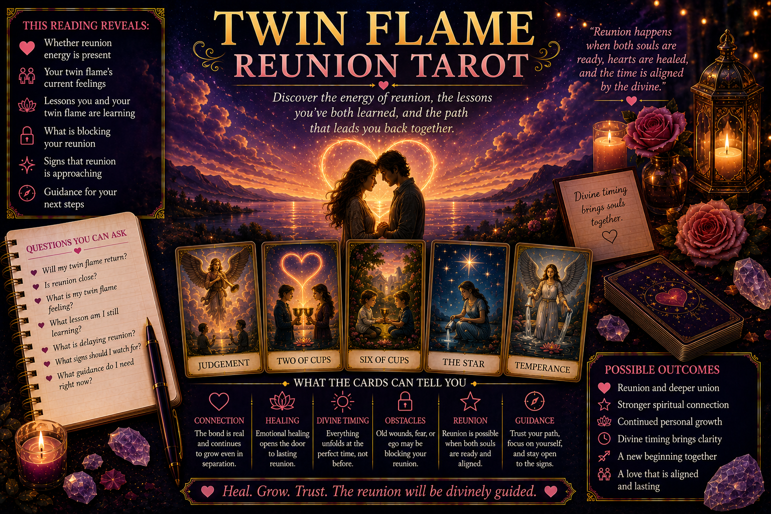 A tarot spread featuring the Two of Cups and Judgement cards representing a twin flame reunion.