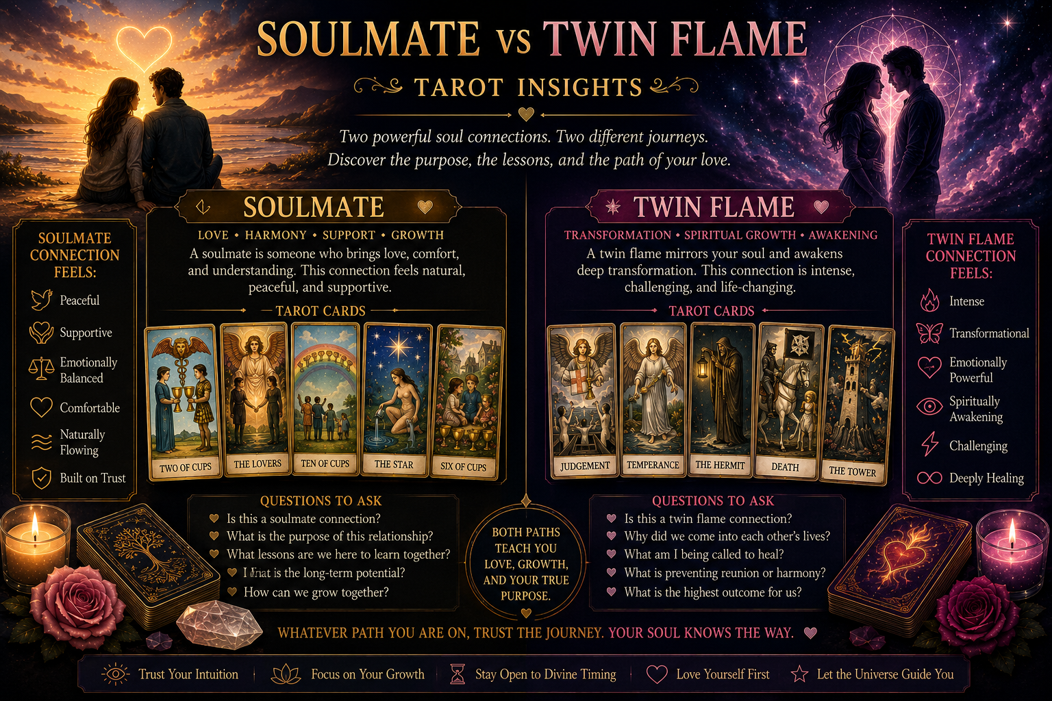 A decorative tarot spread depicting cards that symbolize soulmates and twin flames in a spiritual setting.