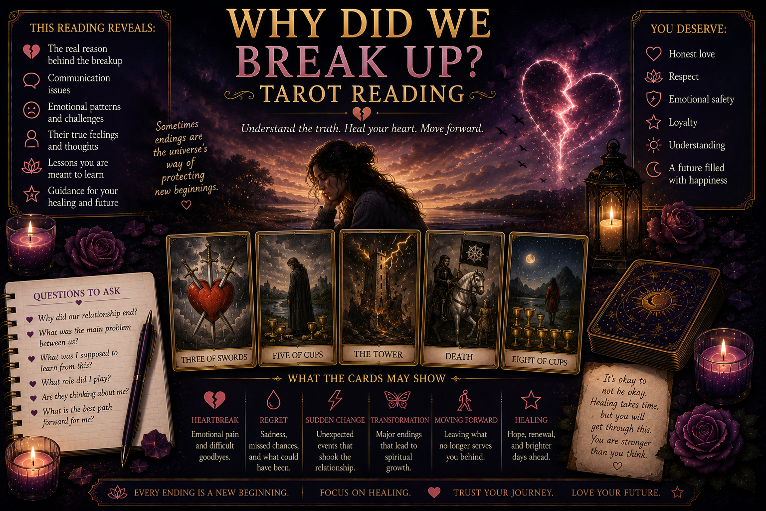 A tarot spread featuring the Three of Swords and The Tower to explain a breakup
