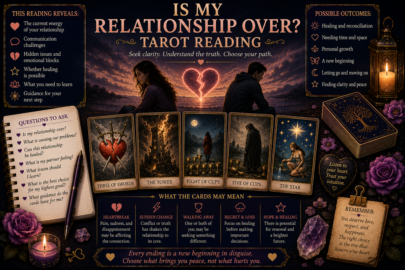 A tarot spread focusing on relationship health and emotional connection cards