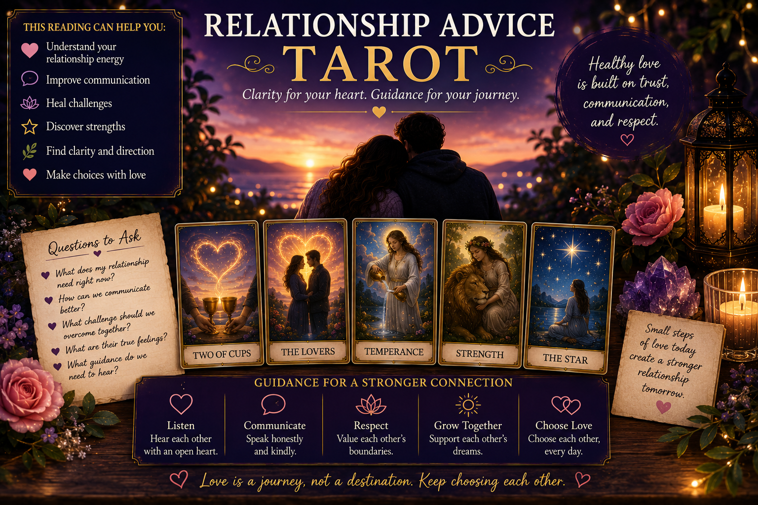 A peaceful tarot reading session focusing on love and relationship guidance cards like The Lovers and Two of Cups.