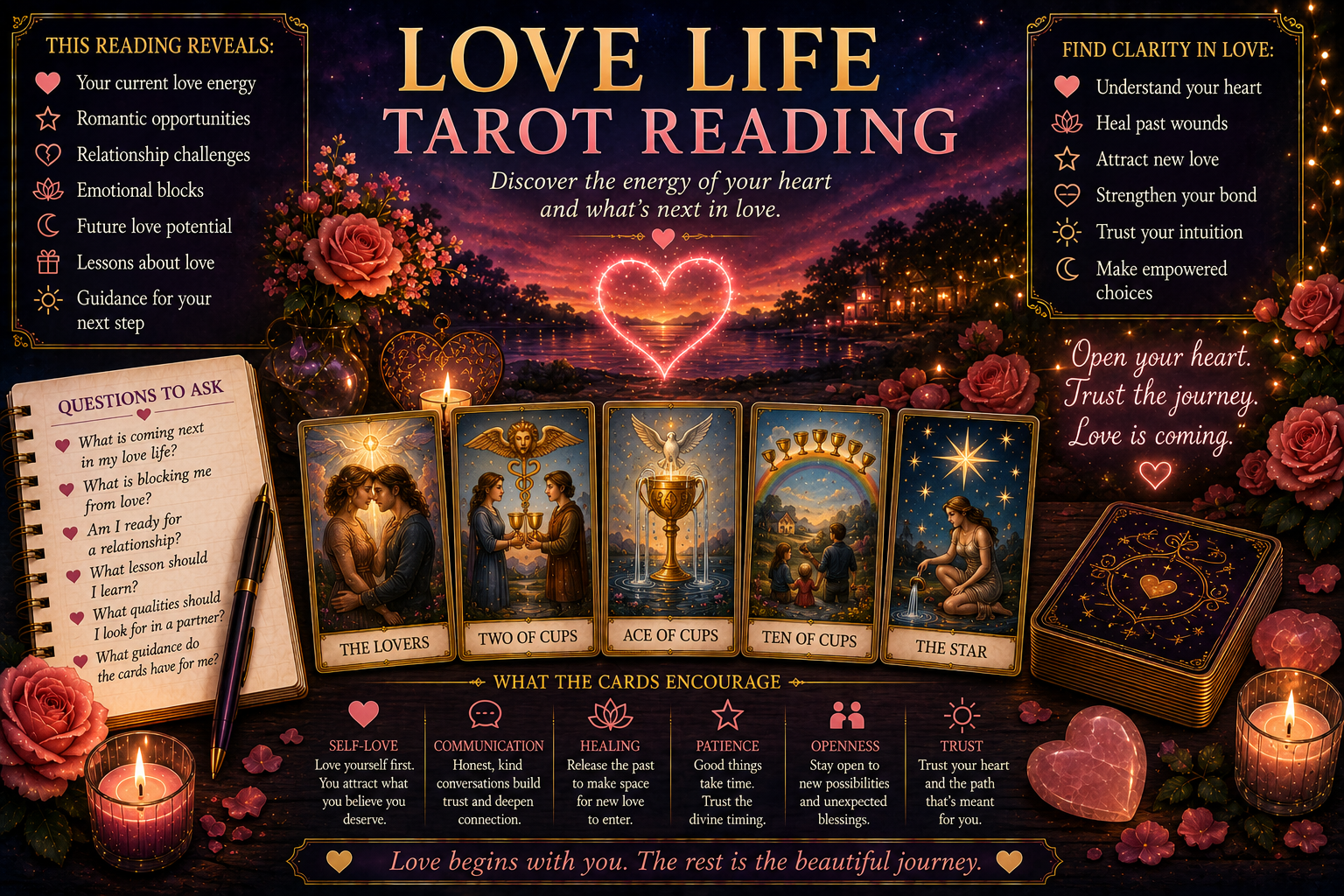 A professional tarot spread featuring The Lovers and Two of Cups cards for a love life reading