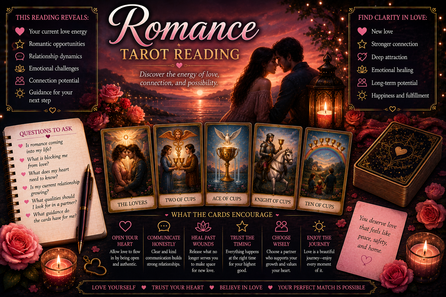 A romantic tarot reading setup with pink roses and cards like The Lovers and Two of Cups.