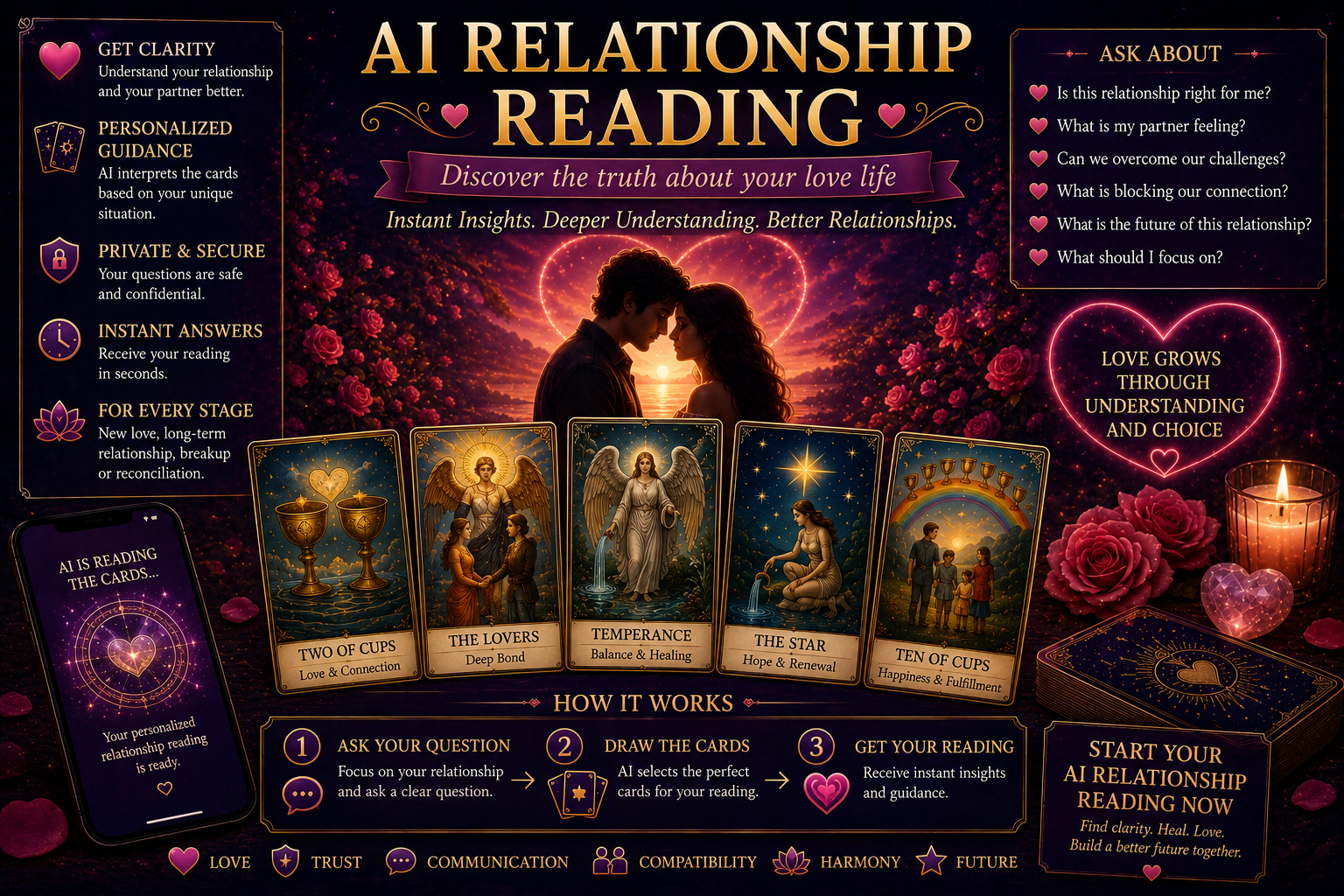 A digital representation of tarot cards glowing with circuit patterns for a relationship reading.
