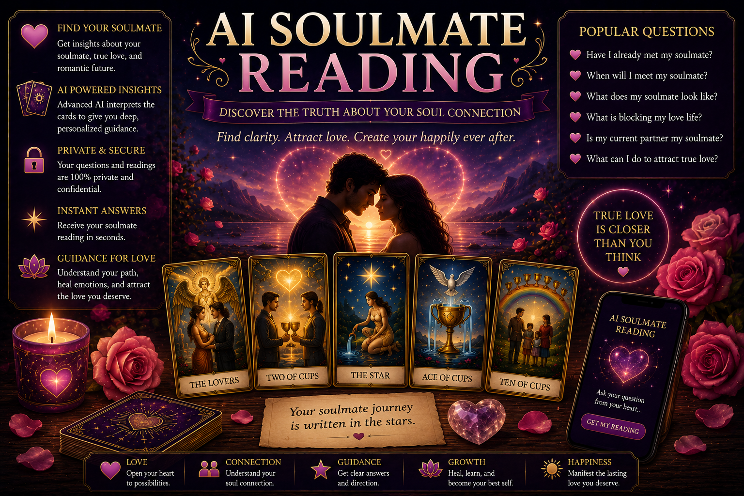 A digital representation of two hearts and mystical tarot cards symbolizing an AI soulmate reading.