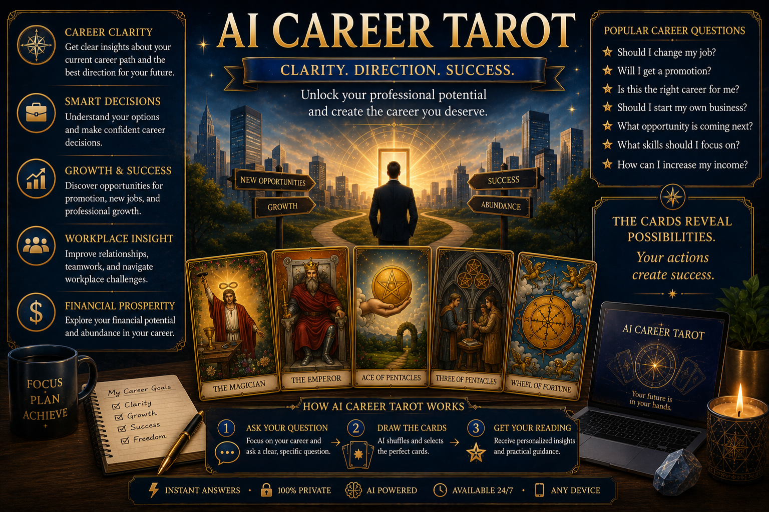 A digital tarot reading interface showing career-themed cards like The Magician and Ace of Pentacles