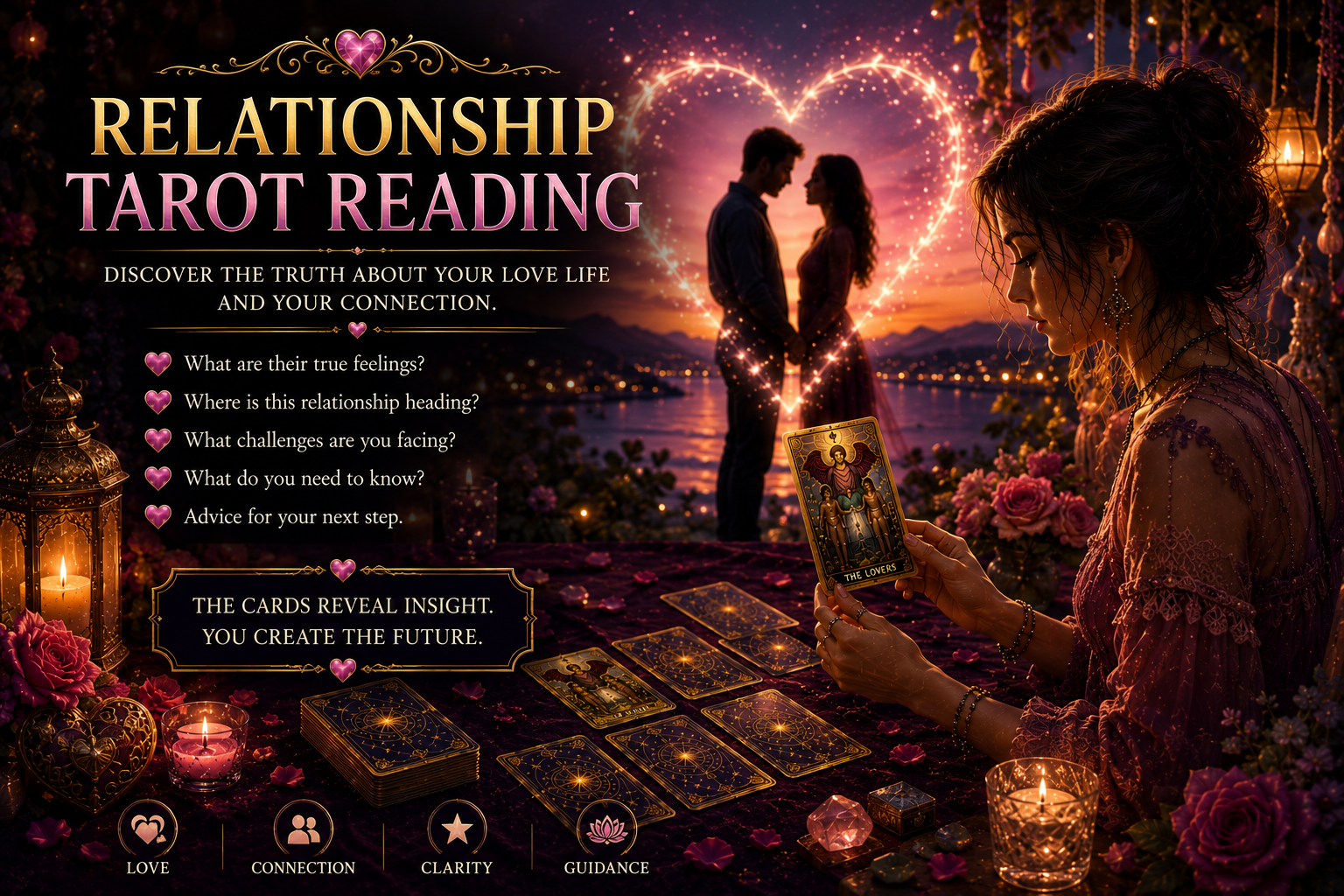 Two tarot cards on a table surrounded by flowers, representing a relationship tarot reading.