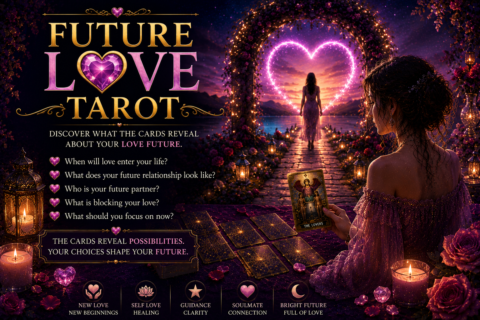 A mystical tarot spread focused on future love and romantic connections