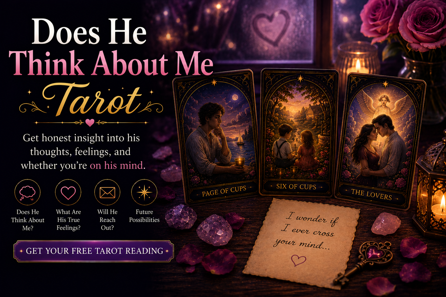 A tarot spread featuring the Six of Cups and The Lovers cards for a love reading.