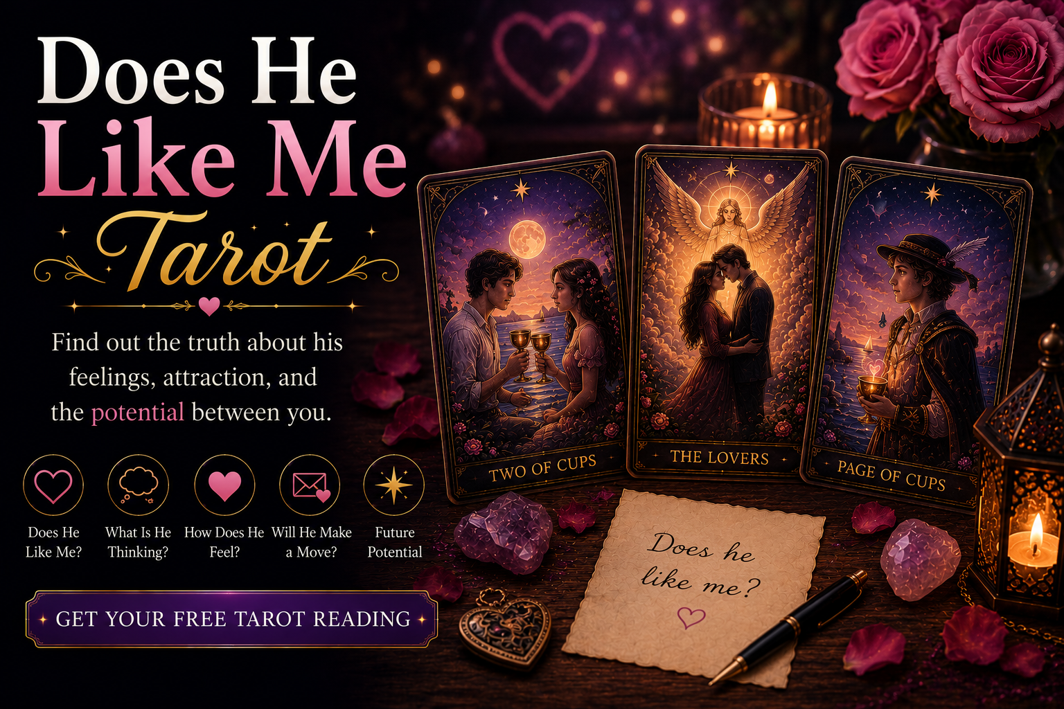 A tarot spread with heart-themed accessories exploring romantic attraction and relationship energy.