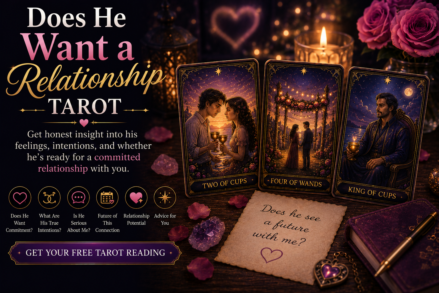 A romantic tarot card spread featuring the Two of Cups and The Lovers for relationship guidance.