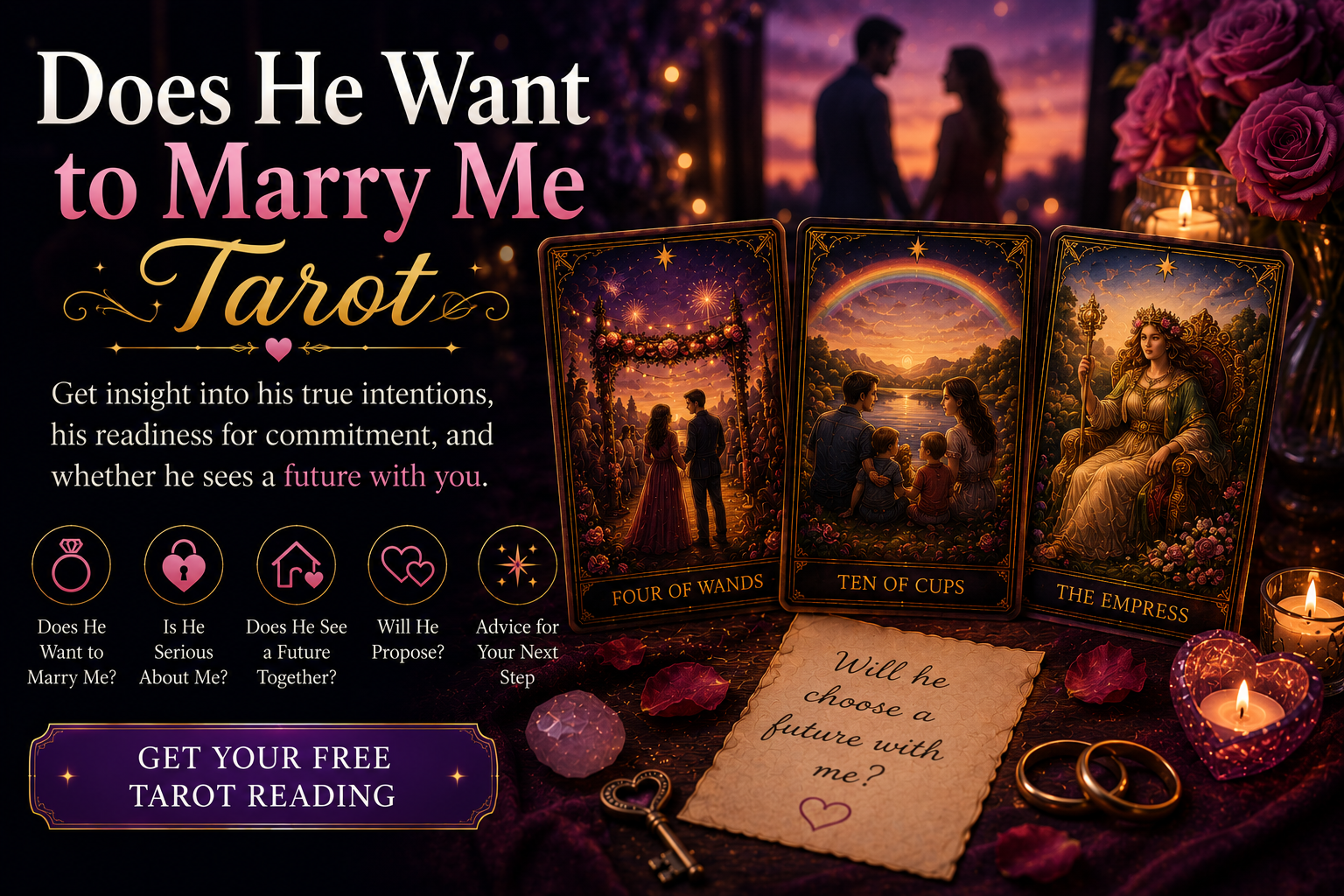 A tarot spread on a wooden table exploring marriage and long-term relationship commitment