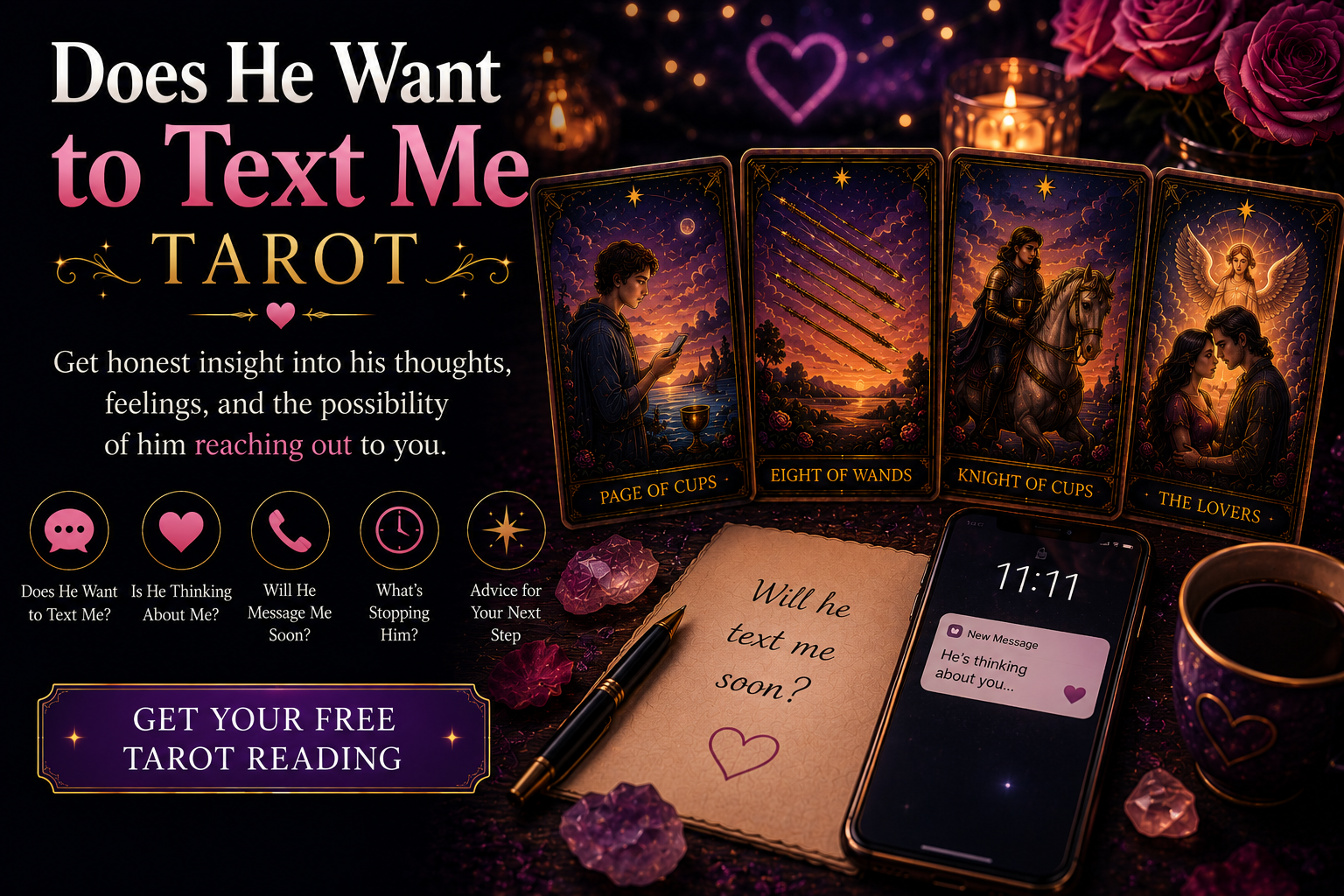 A tarot spread on a wooden table with a phone nearby, symbolizing a Does He Want to Text Me Tarot reading.