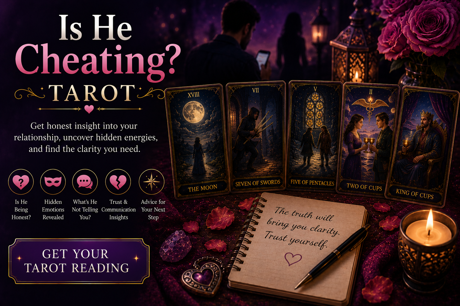 A tarot spread focused on love and relationship clarity featuring the Seven of Swords and Two of Cups.