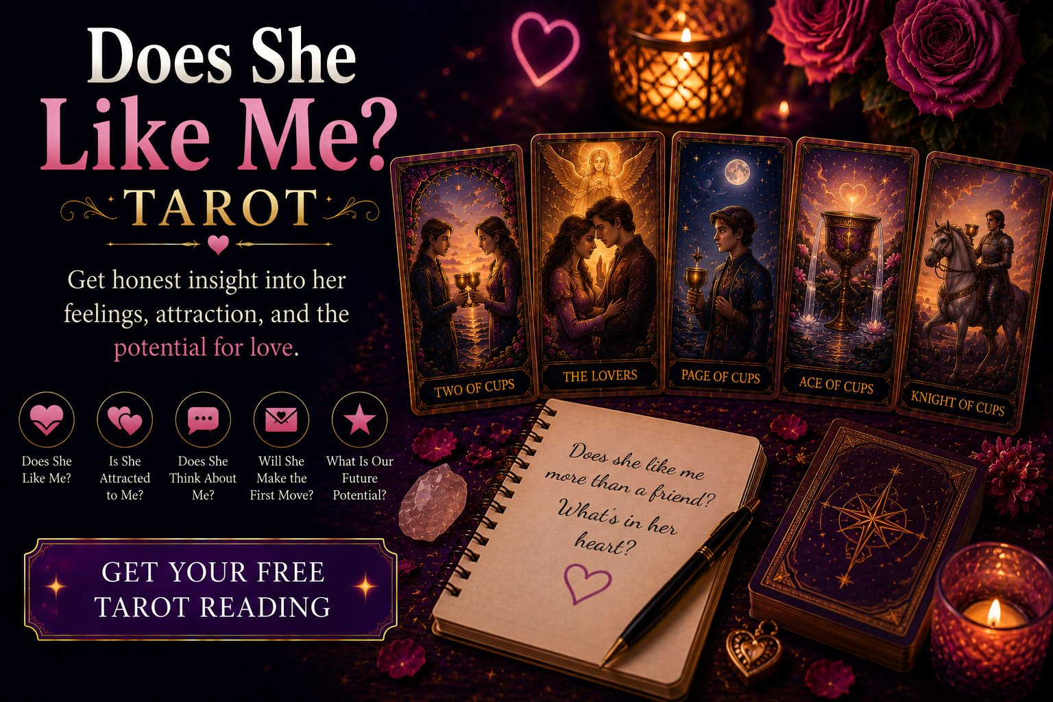 A tarot spread featuring the Two of Cups and The Lovers cards representing romantic attraction and emotional connection.