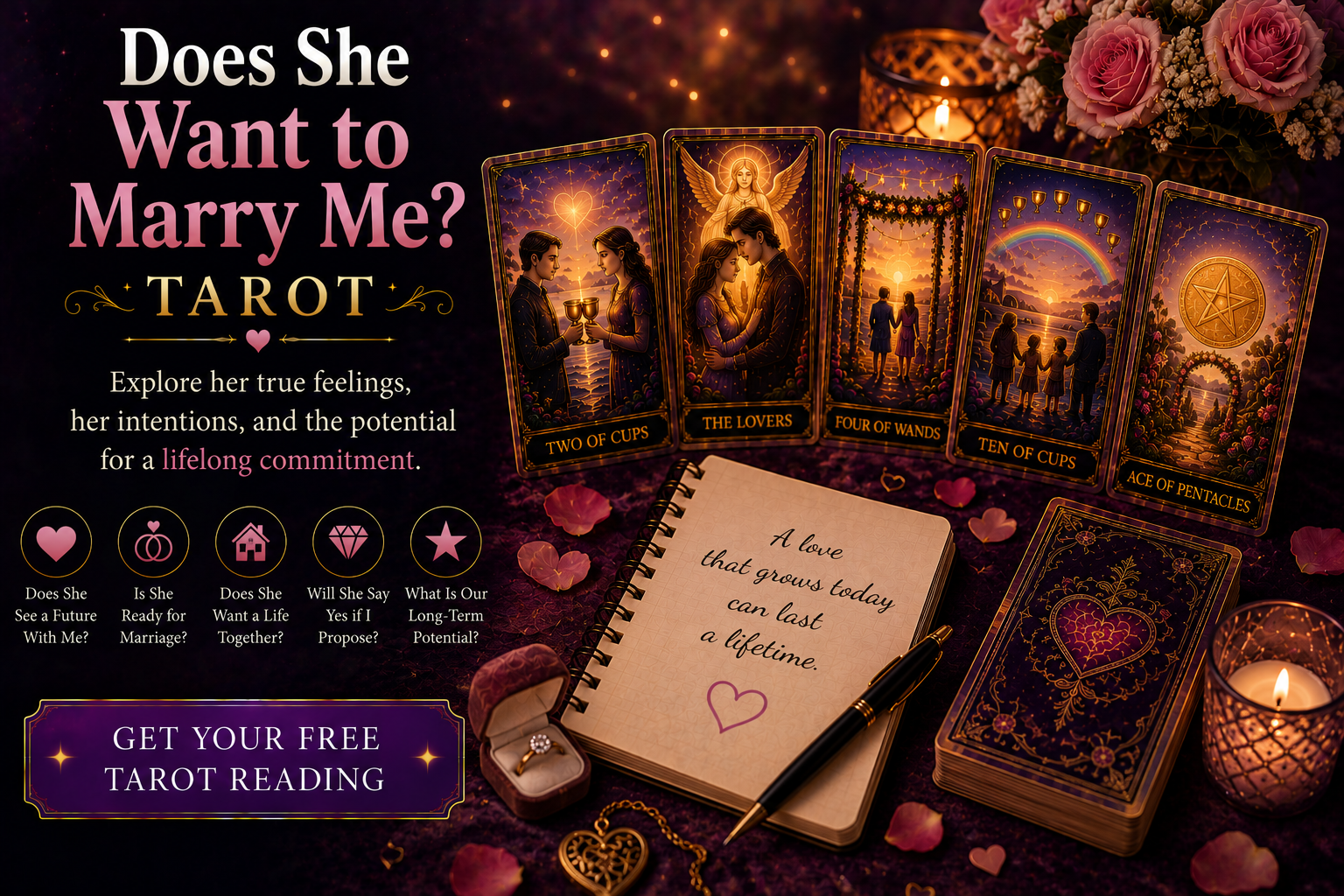 A tarot spread for marriage and relationship commitment featuring romantic cards.