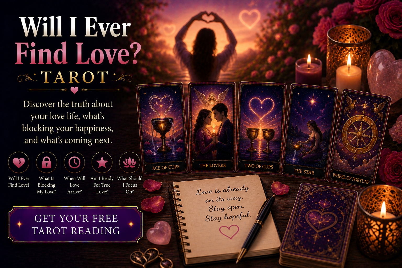 A tarot spread focused on love featuring cards like the Ace of Cups and the Lovers.