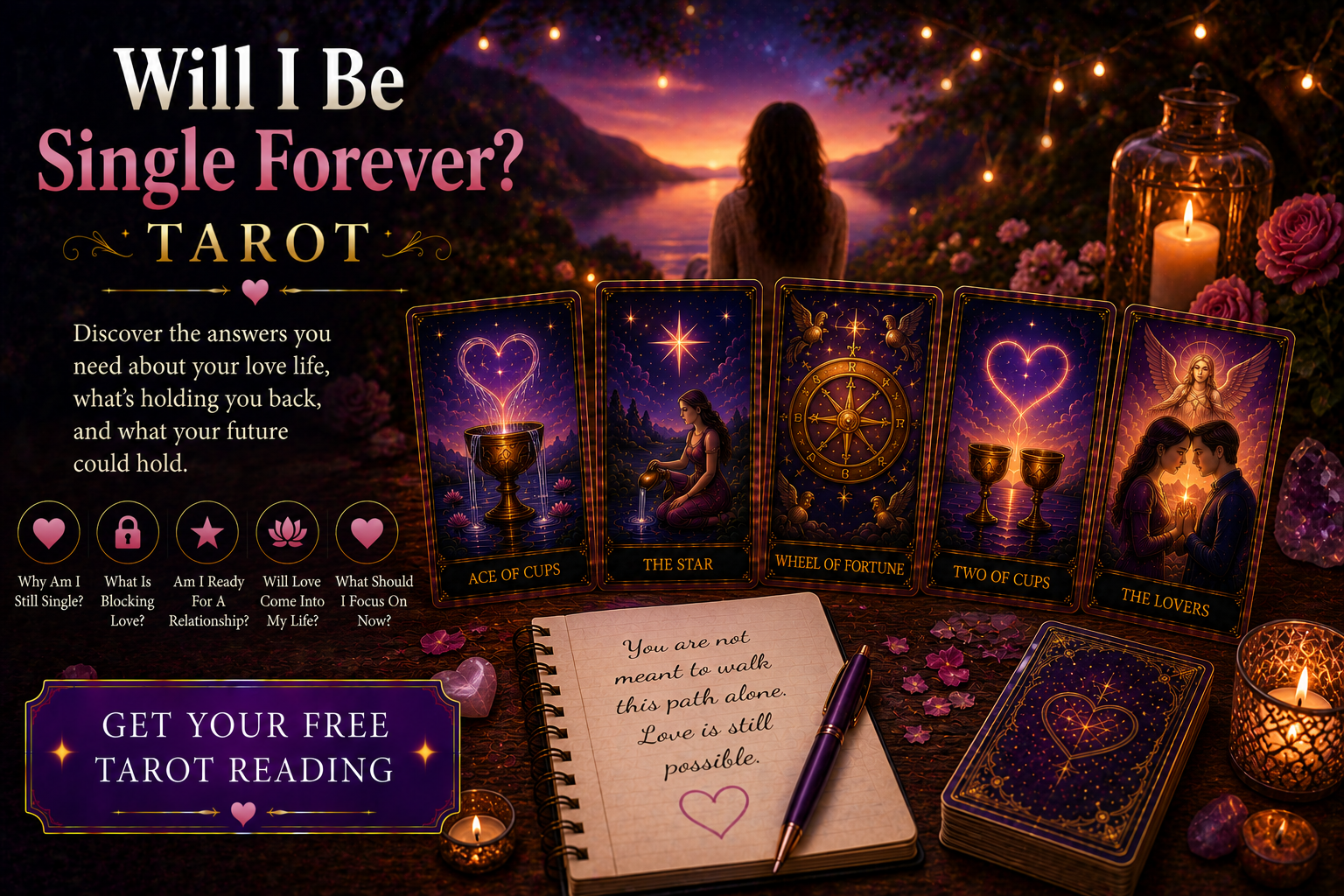 A tarot spread with the Lovers and Ace of Cups cards representing romantic potential and love guidance.