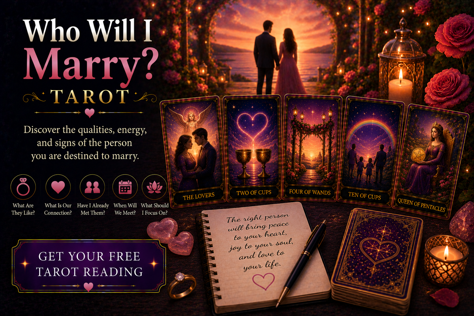 A decorative tarot card spread focusing on love, marriage, and future partnership themes.