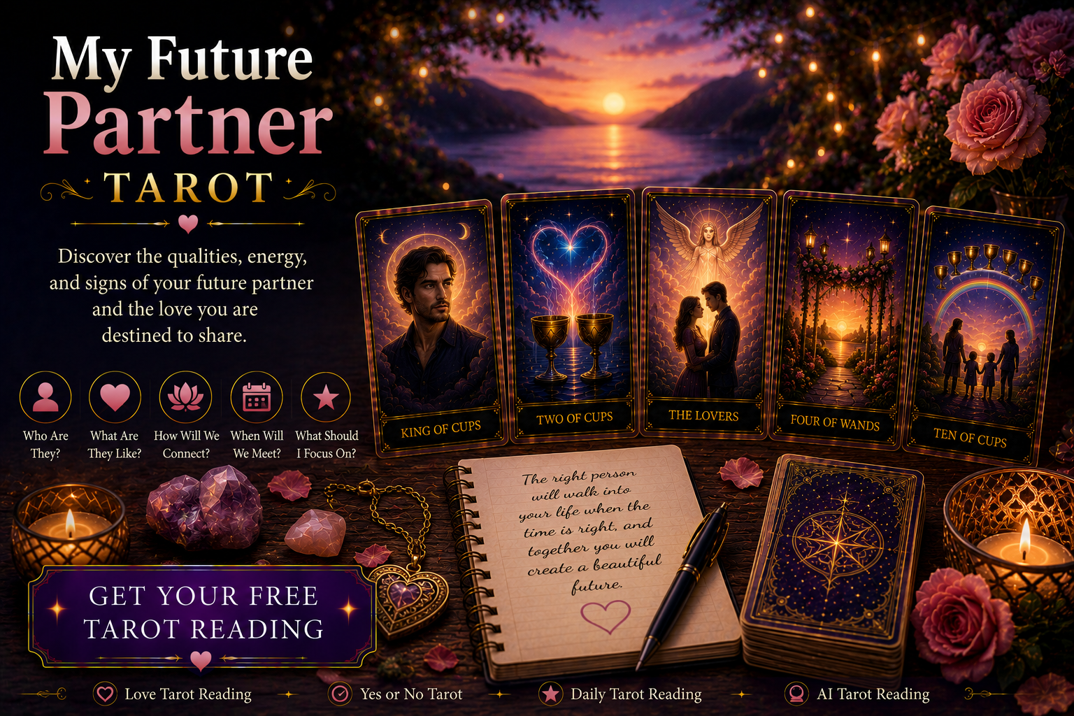 A tarot spread focusing on love and future partnership cards like The Lovers and Two of Cups.