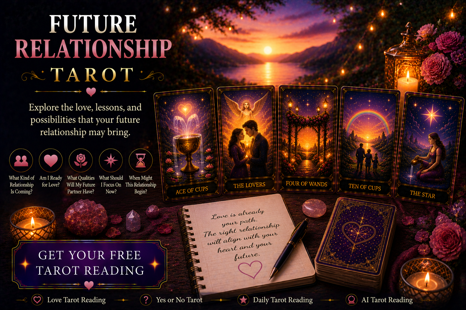 A tarot spread featuring the Ace of Cups and The Lovers for a future relationship reading