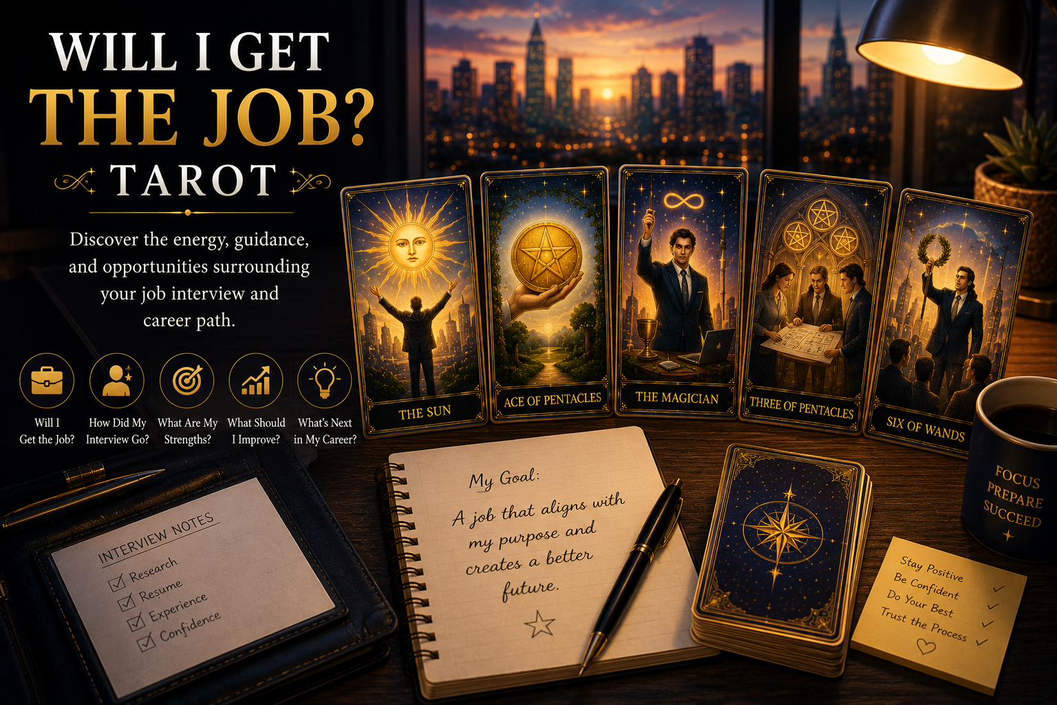 A professional tarot spread featuring career-oriented cards like The Sun and Ace of Pentacles on a desk.