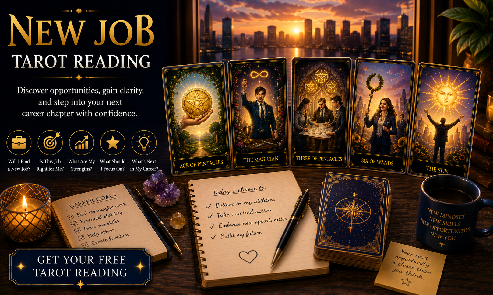 A tarot spread focused on career growth and new job opportunities with the Ace of Pentacles visible