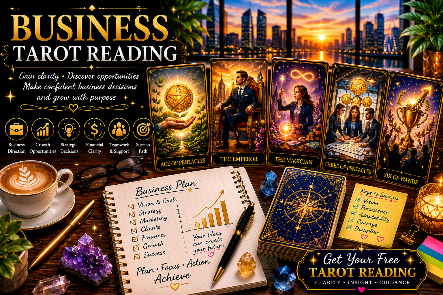 A professional tarot spread focused on money, career growth, and business strategy symbols.
