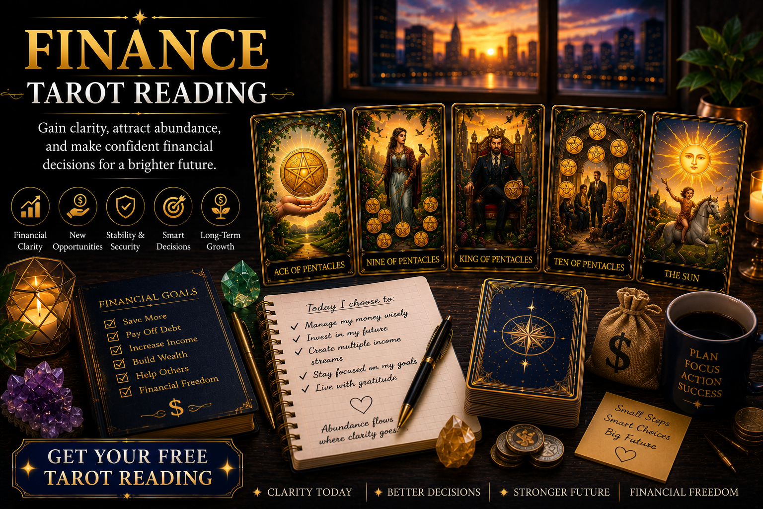 A tarot spread focused on pentacles and gold coins representing financial success and money guidance.