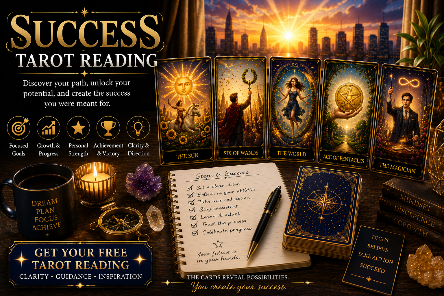 A collection of tarot cards including The Sun and The World, representing achievement and success.