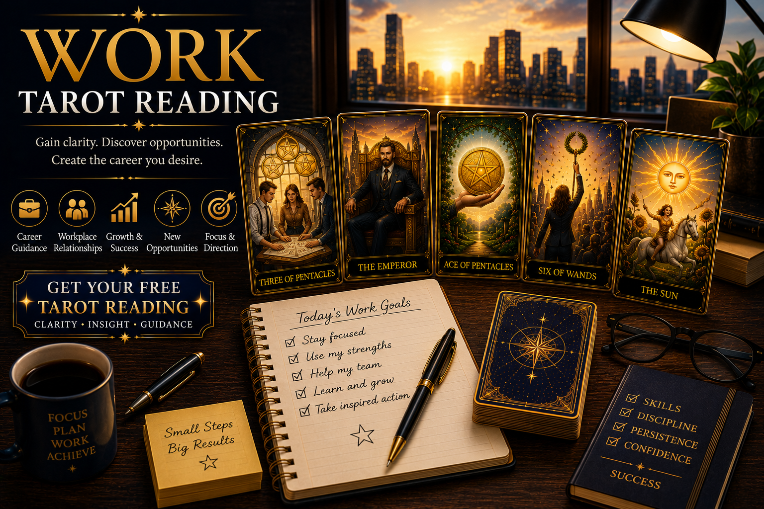 A professional desk setting with tarot cards spread out for a career reading