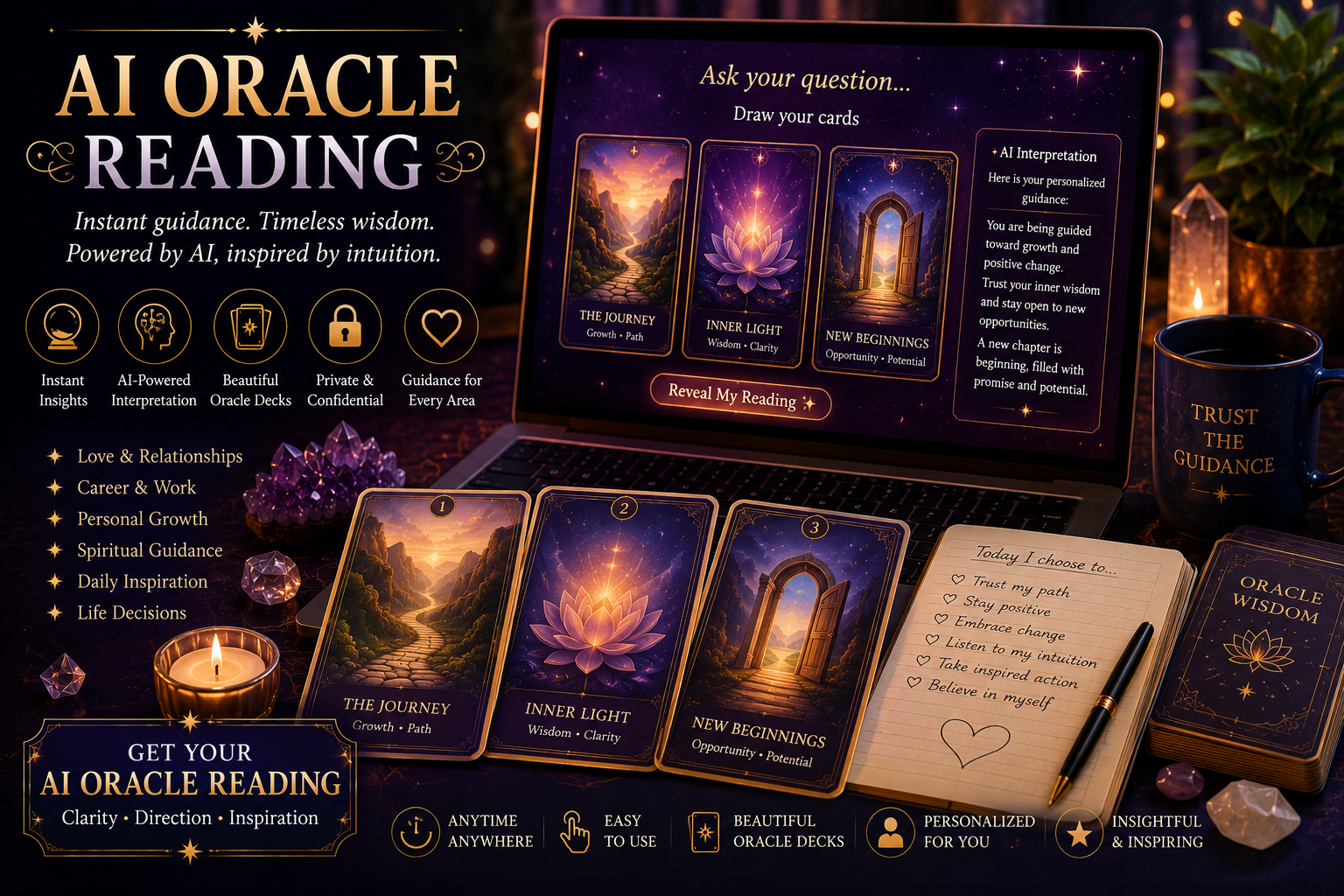 A glowing digital oracle card displaying celestial symbols and artificial intelligence neural patterns.