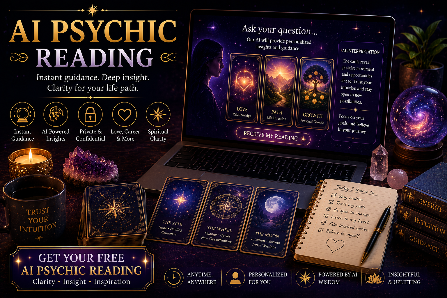 Digital interface showing tarot cards and glowing energy representing an AI psychic reading.