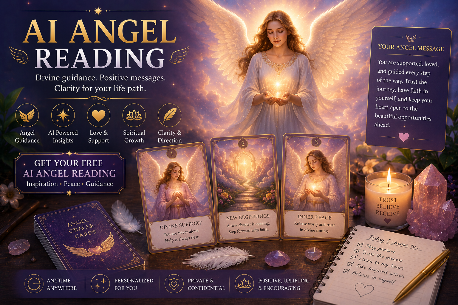 A peaceful digital illustration of an angel oracle card glowing with light representing AI guidance.